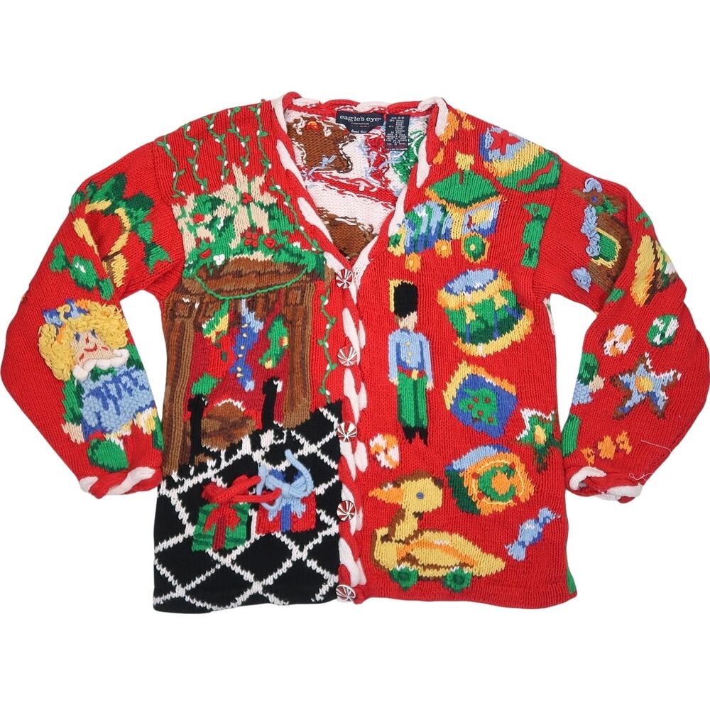 Vintage 90s Eagle's Eye Red Christmas Cardigan Sweater Teddy Bears Toys S